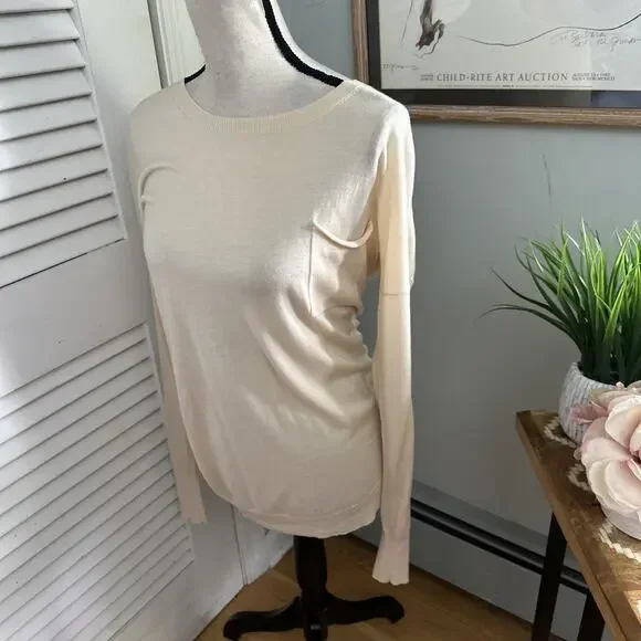 THEORY Womens Sweater Medium Beige Cream Wool Preen Tollie Long Sleeve Pocket - Picture 2 of 9